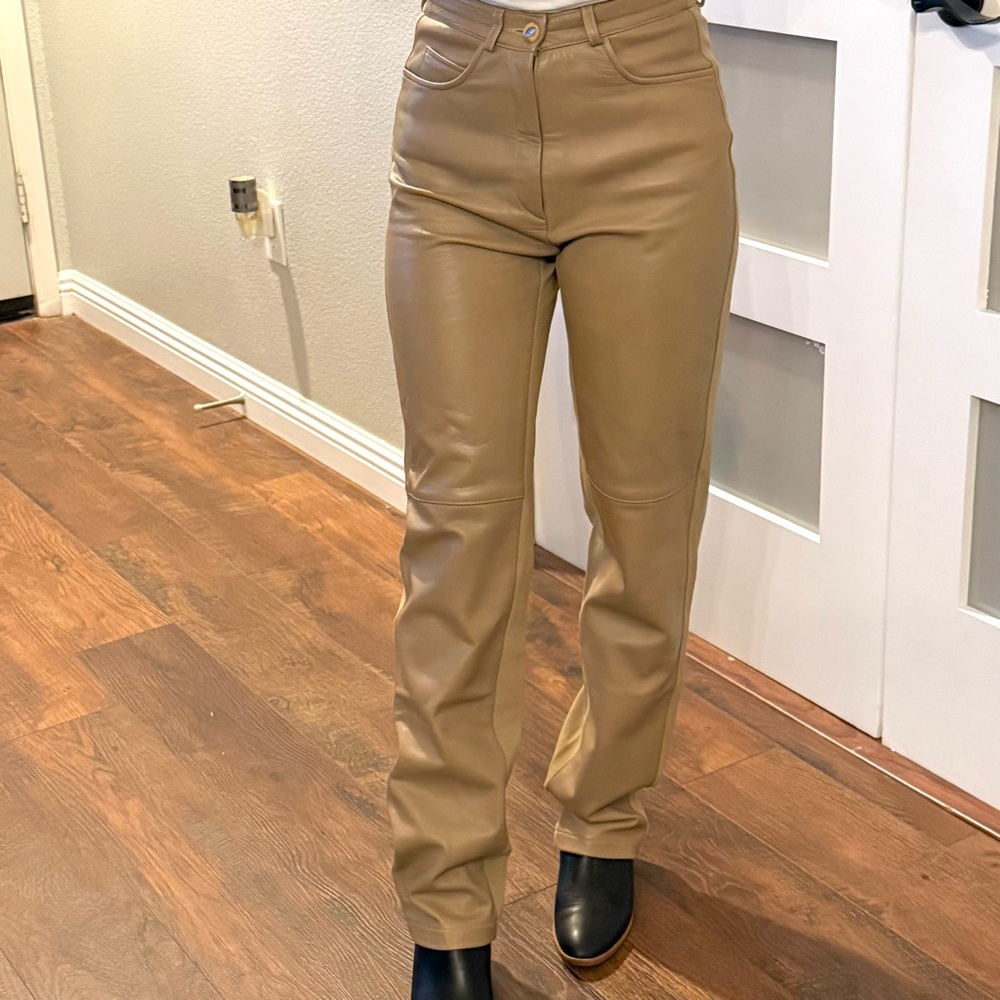 B.S.L. Industry tan leather/fabric jeans. Size XS. Made in France